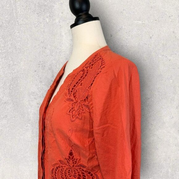 Chico’s Orange Button Up Shirt Lace Accent Bell Sleeve Size 0 US Size 4/6 - Picture 5 of 13